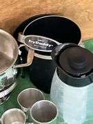 Fry daddy basket, fondue pot, sckewers, coffee server, misc