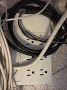 GE camcorder& case, power strip, cables