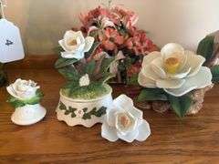 Camellia by Andrea figurine, brass box with artificial flowers, small Ardco China flower, Mann porcelain flower dish with lid (damaged)