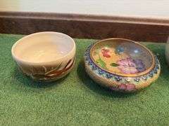 2 vases, Asian bowls (1 metal, 1 ceramic), mini easel, frog, covered box