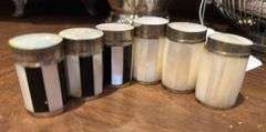 6 mother of pearl salt & pepper shakers, floral salt & pepper, brass dish