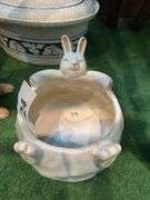 Rabbit covered dish, bowl & figurine