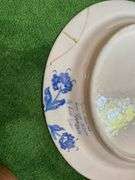 Blue/white porcelain pitcher, 16” repaired round platter