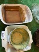 Corningware baking dish, pottery bowl, Anchor Hocking amber dishes