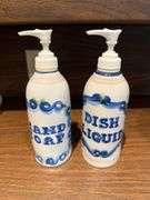 2 Hadley soap dispensers, bowl, salt & 2 peppers, insulated mug