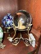 Blown glass candle holders, brass stands, clear glass ball