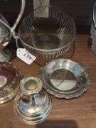 Silverplate covered serving bowl, pitcher, wire basket, wine coaster, candleholder, dish