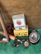 Antique spool, rolling pin, wood purse & recipe box, picture frames, brass candle sticks