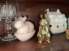 Brass bunny, Noah’s Ark figure, bunny hen on nest, Noah’s Ark lamp (no light)