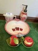Soap dispenser , red/white creamer, apple bowl, damaged apple salt/ pepper