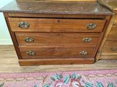 Antique Walnut dresser w /marble top, carved mirror w/ candle shelves