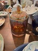 Porcelain teapot, Carnival glass covered jar, porcelain vase, misc