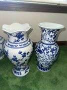 2 blue and white decorative vases 14” tall