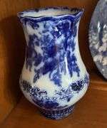 West German plate, flow blue vase, blue white cup& saucer