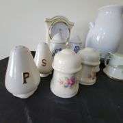 Vintage Salt/Pepper Shakers, Display Clock, Ceramic Double Handle Vase/Dish