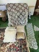Lace tablecloths, decorative pillows, lace runners, dollie’s