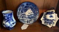 West German plate, flow blue vase, blue white cup& saucer
