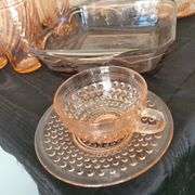 Rosaline Pink Swirl Pitcher and Tumblers, Indiana Glass Pink Footed Platter, Casserole, Cups & Saucers