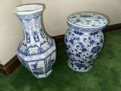Blue and white painted garden stool 11.5” tall, blue and white vase 14.5” tall