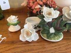 Camellia by Andrea figurine, brass box with artificial flowers, small Ardco China flower, Mann porcelain flower dish with lid (damaged)