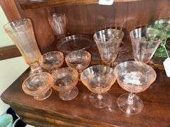 Pink Depressions glass sherbets, wines, vase, 2 plates