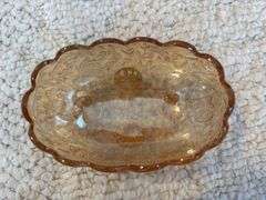 Antique double handle jar with lid, doily, china creamer & sugar