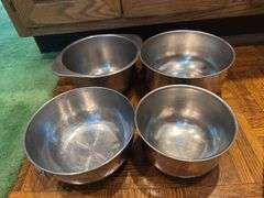 Hammered aluminum ice bucket, large yellow metal tray, aluminum stand, metal bowls