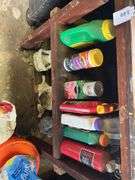 Wood bench w/ double end grinder, yard chemicals, rope, plastic owl & misc