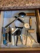 3 kitchen drawers utensils and miscellaneous, rug