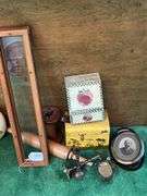 Antique spool, rolling pin, wood purse & recipe box, picture frames, brass candle sticks
