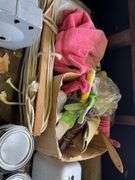 Wood bench w/ double end grinder, yard chemicals, rope, plastic owl & misc