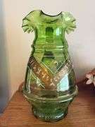 Antique, hand enameled pitcher 10" t
