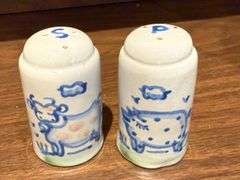 2 Hadley soap dispensers, bowl, salt & 2 peppers, insulated mug