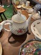Porcelain teapot, Carnival glass covered jar, porcelain vase, misc