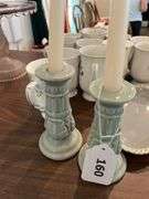 Royal Victoria bone China mugs, candle sticks, Harkerware dish