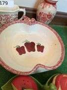 Soap dispenser , red/white creamer, apple bowl, damaged apple salt/ pepper