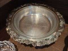 Silverplate covered serving bowl, pitcher, wire basket, wine coaster, candleholder, dish