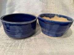 Pottery bowls, brass Williamsburg trivet, anniversary plate, church plate