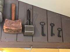 Antique toaster, mallet, keys, sifter( excluding shelf)