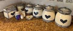 Ceramic pieces sponge and blue hearts design, 4 canisters, grease jar, recipe box, S&P shakers, miscellaneous