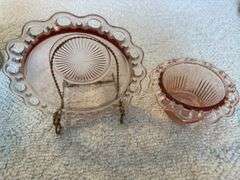 2 Vintage pink Anchor Hocking Old Colony lace edge bowls, 1 stand, 7" x 9 1/2" dia