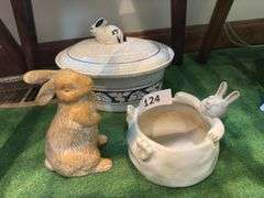 Rabbit covered dish, bowl & figurine