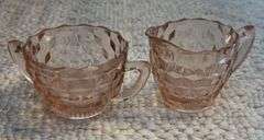 Fostoria pink Depression glass creamer & sugar, plate 7" dia