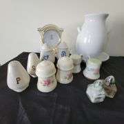 Vintage Salt/Pepper Shakers, Display Clock, Ceramic Double Handle Vase/Dish