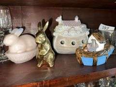 Brass bunny, Noah’s Ark figure, bunny hen on nest, Noah’s Ark lamp (no light)