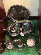 Silver plate tea pot, creamer & sugar, divided dish , silver plate wire bowl