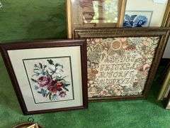 Large lot of framed needlework pictures
