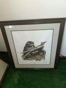 Framed watercolor, signed 27” x 31”, Ray Harm signed print “Raccoon” 25” x 27.5”