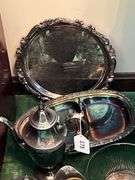 Silver plate tea pot, creamer & sugar, divided dish , silver plate wire bowl