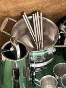 Fry daddy basket, fondue pot, sckewers, coffee server, misc